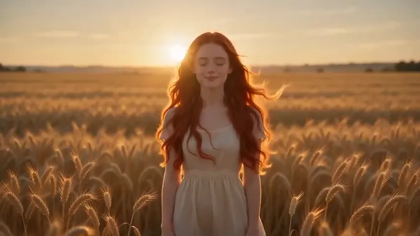 A woman with wind in her hair in a golden wheat field — a still brought to life by Pixazo