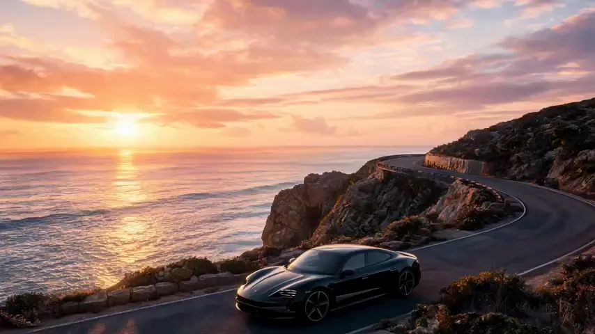 A sports car at sunset — a hero still brought to life
