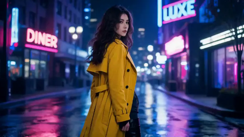 A woman on a neon street — a still animated for a social reel