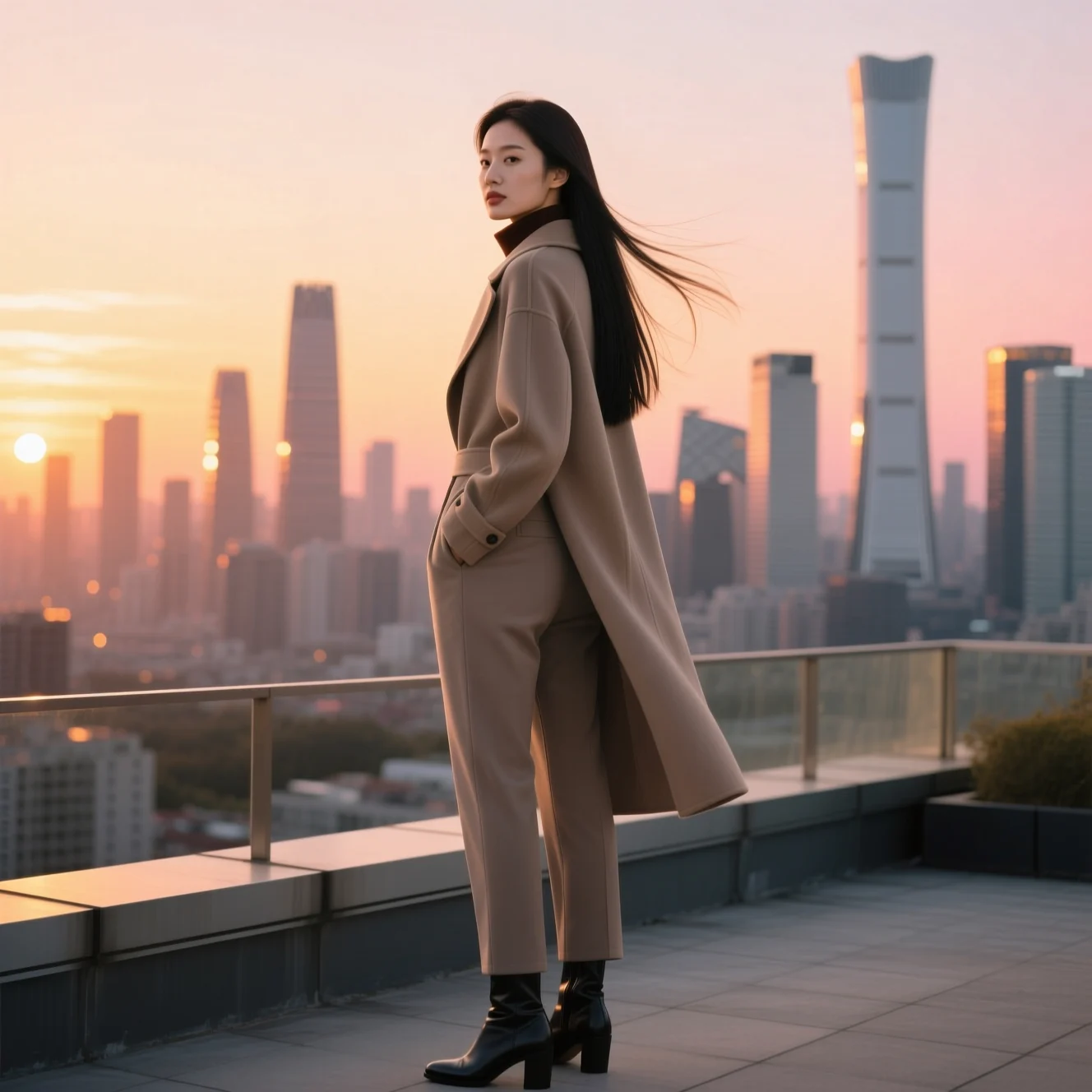 AI influencer persona — rooftop at sunset