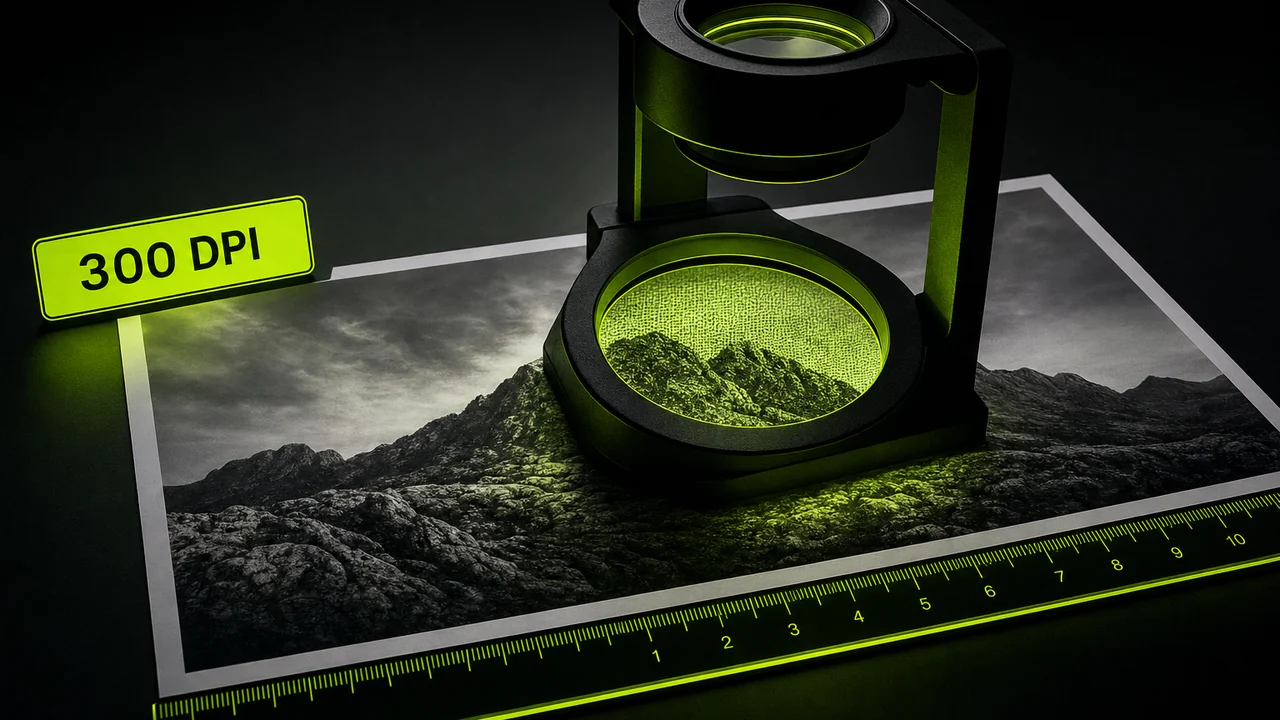 A printed photo under a lime-lit loupe showing sharp grain beside a 300 DPI label, created with Pixazo AI