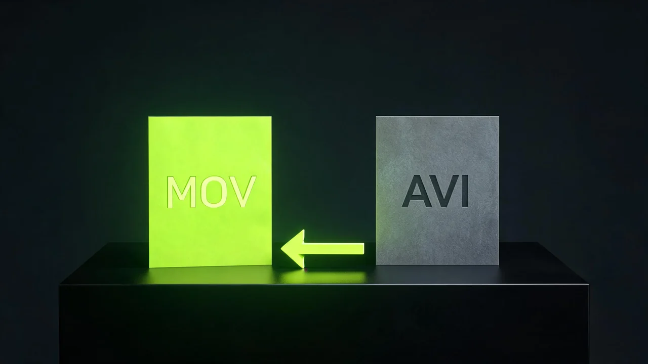 Convert AVI to MOV, a legacy AVI file becoming a modern QuickTime MOV for Mac editing, created with Pixazo AI