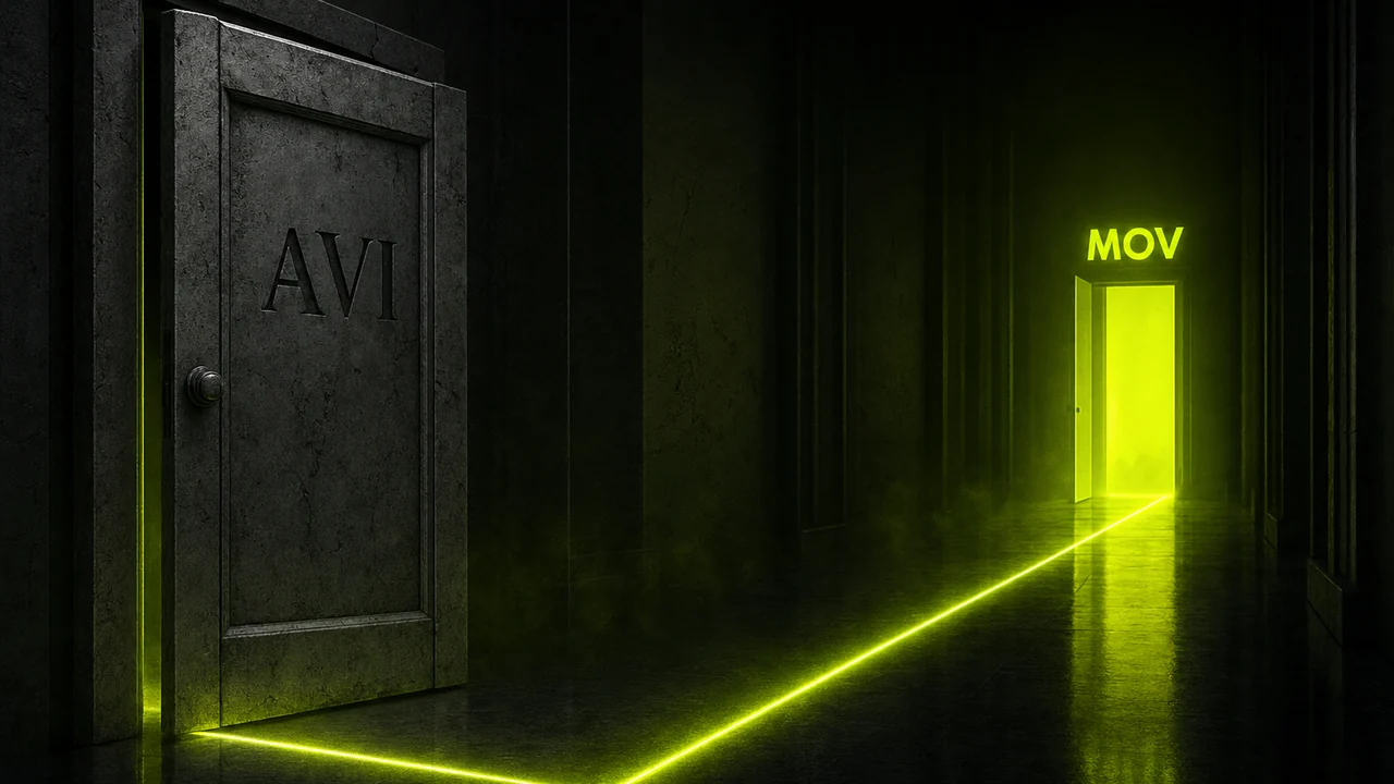 A weathered AVI door opening onto a lime-lit corridor that leads to a glowing MOV doorway, created with Pixazo AI