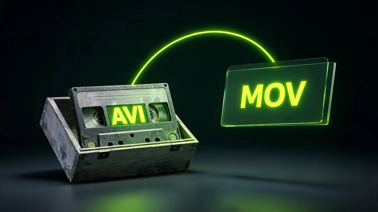 An old AVI cassette tape in an archive crate becoming a modern glowing MOV file, created with Pixazo AI