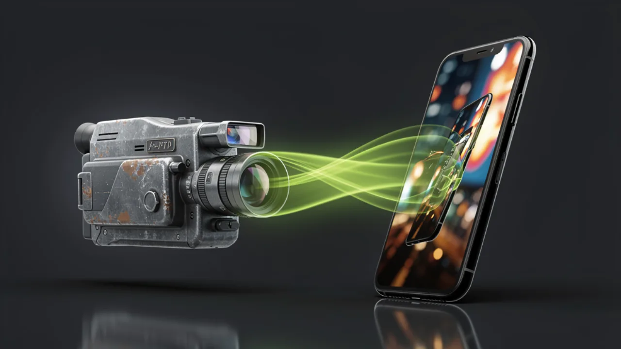 Old camcorder AVI footage modernized into crisp video on a smartphone, created with Pixazo AI