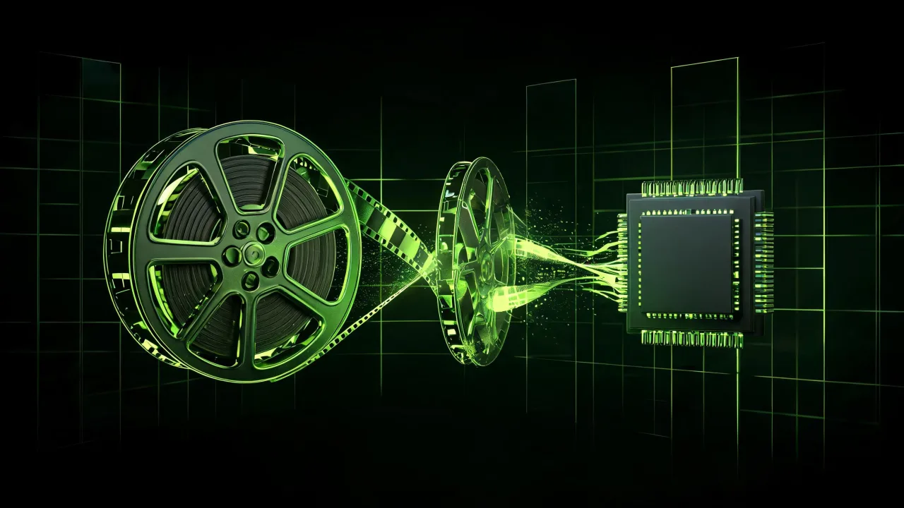An old AVI film reel transforming into a modern MP4, created with Pixazo AI