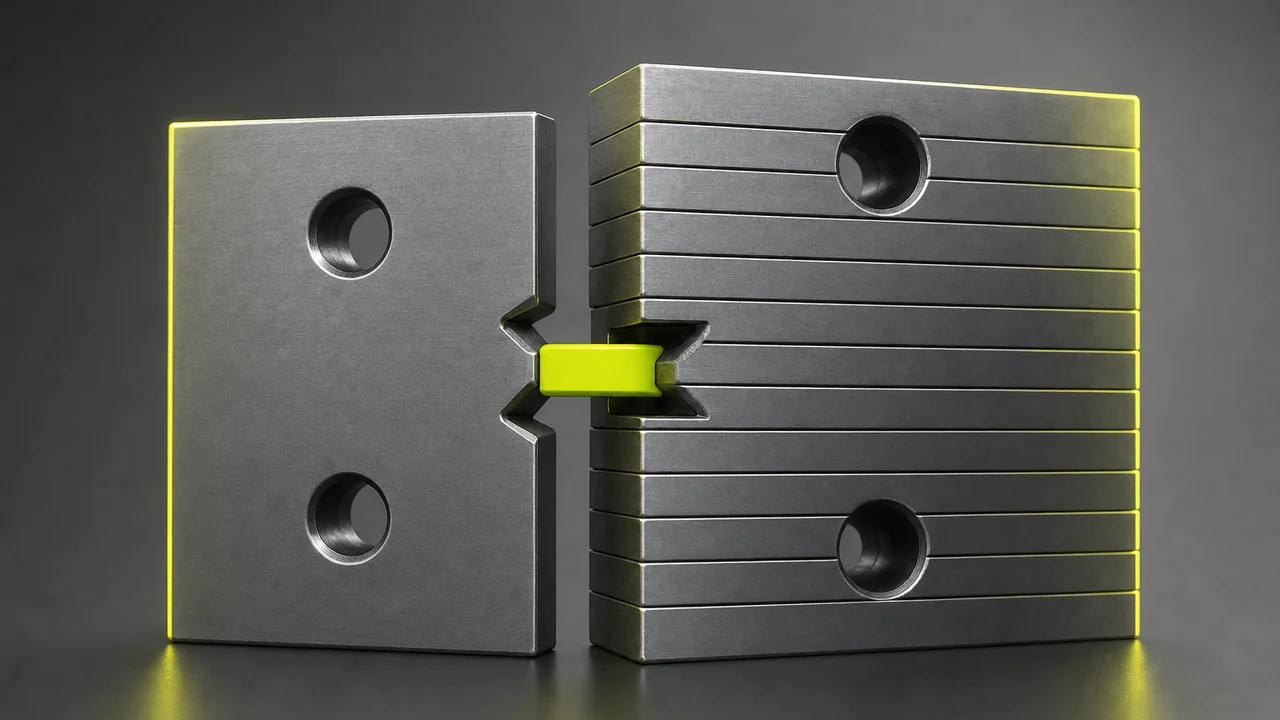 Two machined metal blocks joined by a lime key, one a thin wafer and one a tall stack of plates, created with Pixazo AI