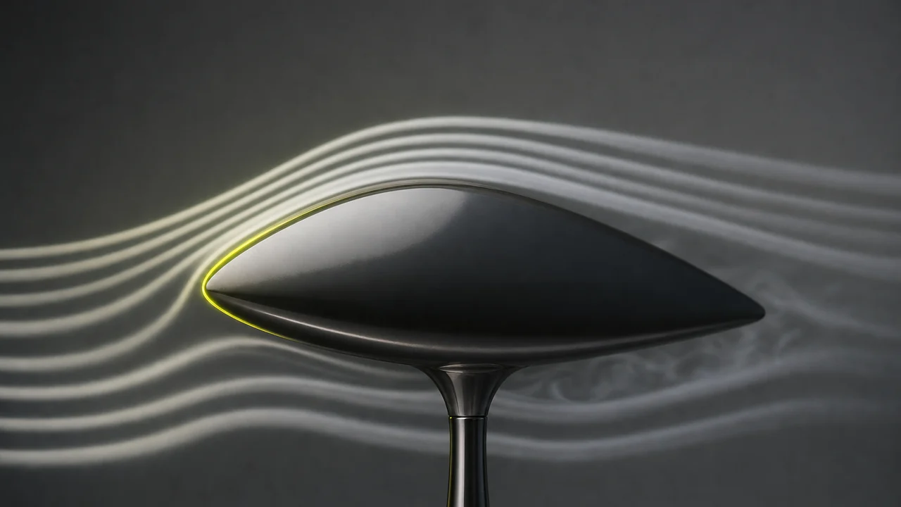 Pale smoke streamlines flowing over a polished teardrop aerodynamic model on a strut mount, created with Pixazo AI