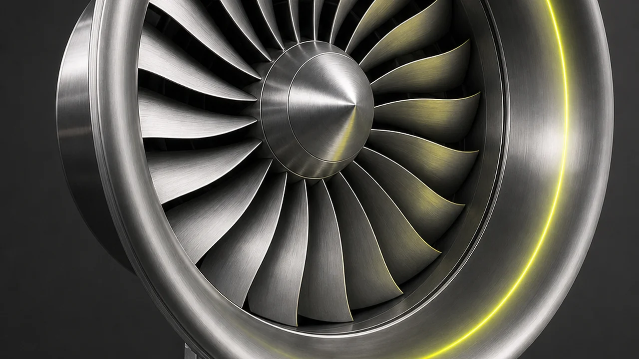 A polished intake turbine fan ring on a machined pedestal in a dark studio, created with Pixazo AI