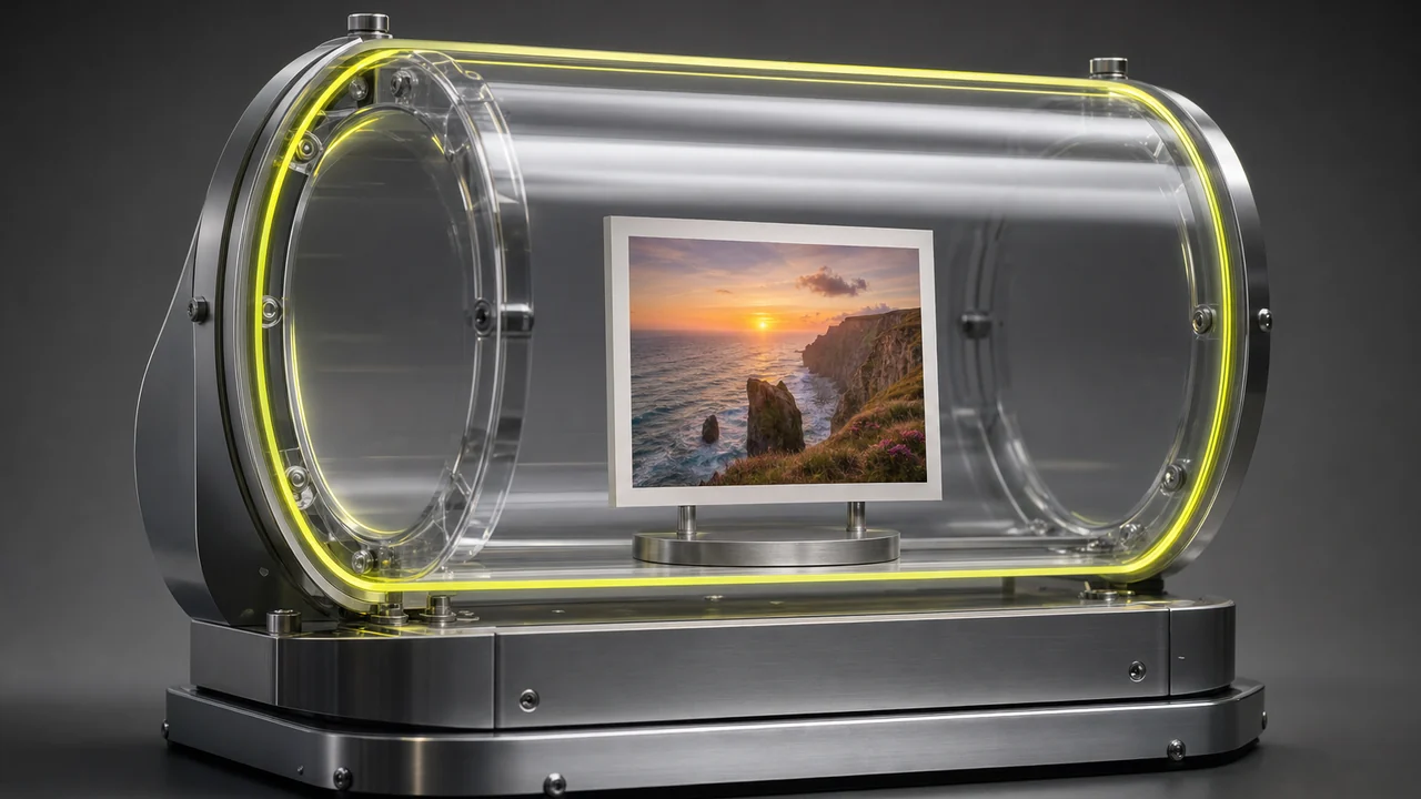 Convert AVIF to MP4, a single AVIF frame mounted in a test chamber gaining motion, created with Pixazo AI