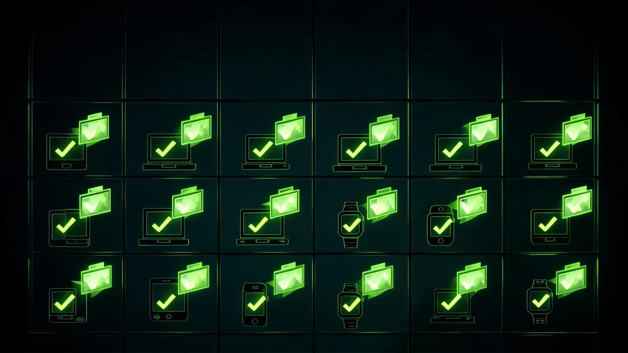 A wall of device icons with ticks as a photo opens everywhere, created with Pixazo AI