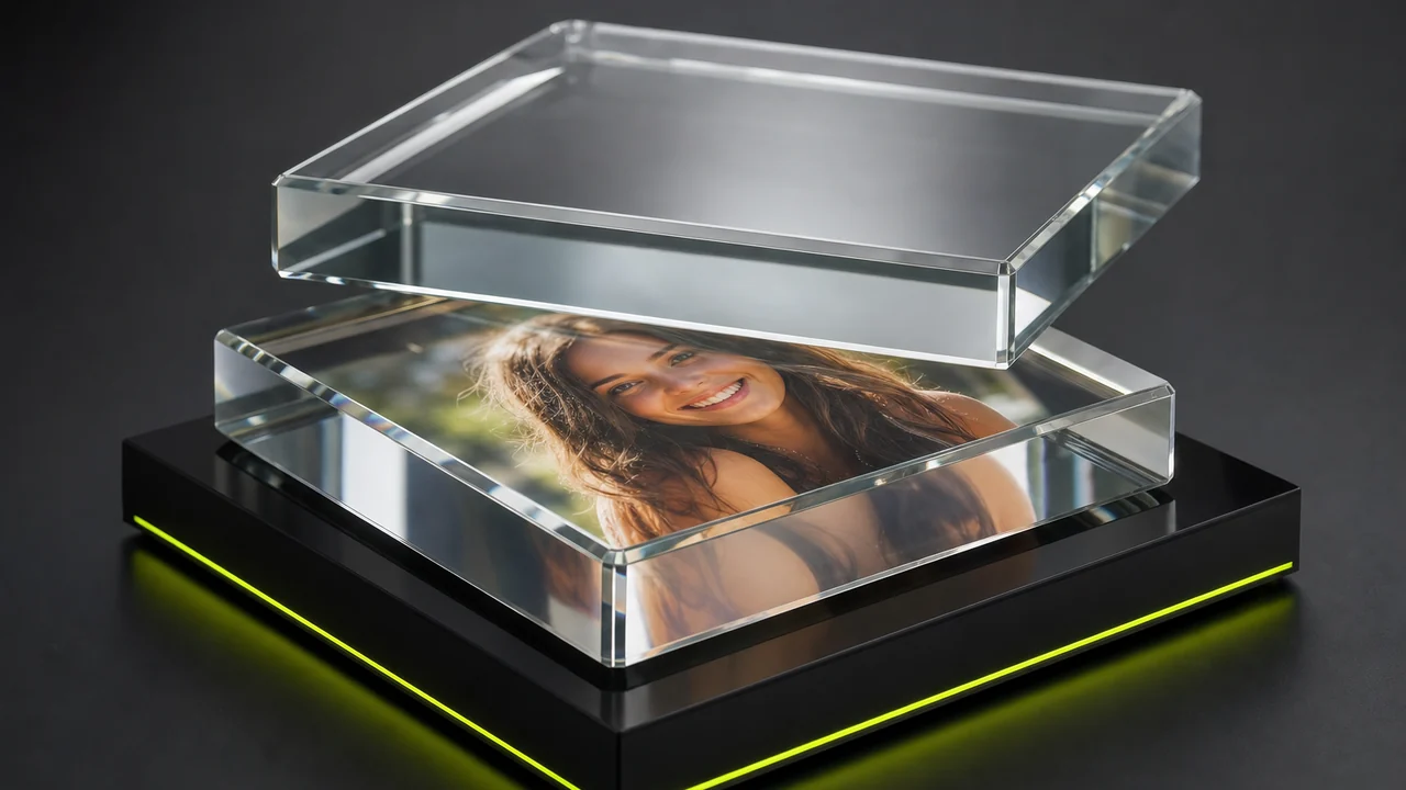 Two thick translucent glass slabs stacked at an offset on a dark plinth, the lower one holding a colour portrait photograph, created with Pixazo AI