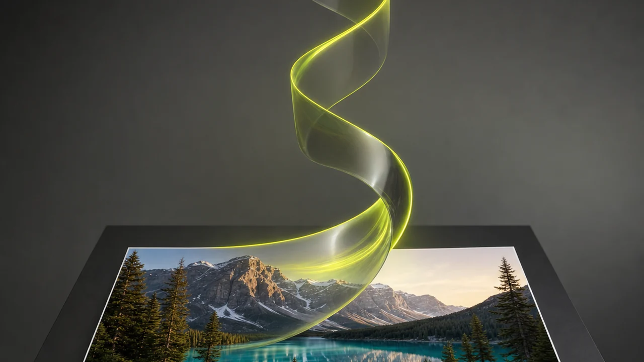 A still photo print of a mountain lake with a glossy ribbon of light unfurling upward from it, created with Pixazo AI