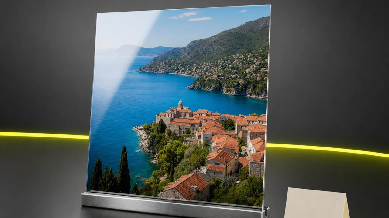 A glossy square photo print resting in a display rail with a small folded paper slip tucked upright beside it, created with Pixazo AI