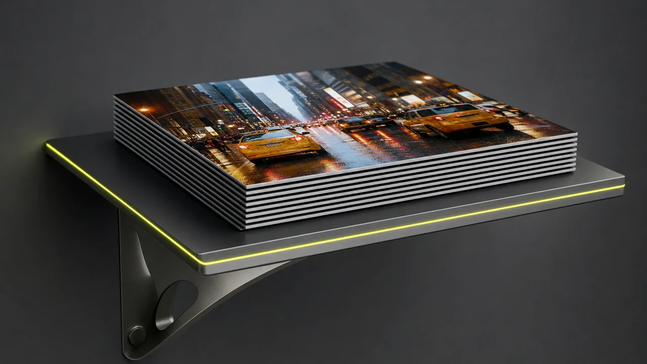 A wall-mounted floating shelf bracket holding a flat stack of glossy square photo prints with a colour street scene on top, created with Pixazo AI