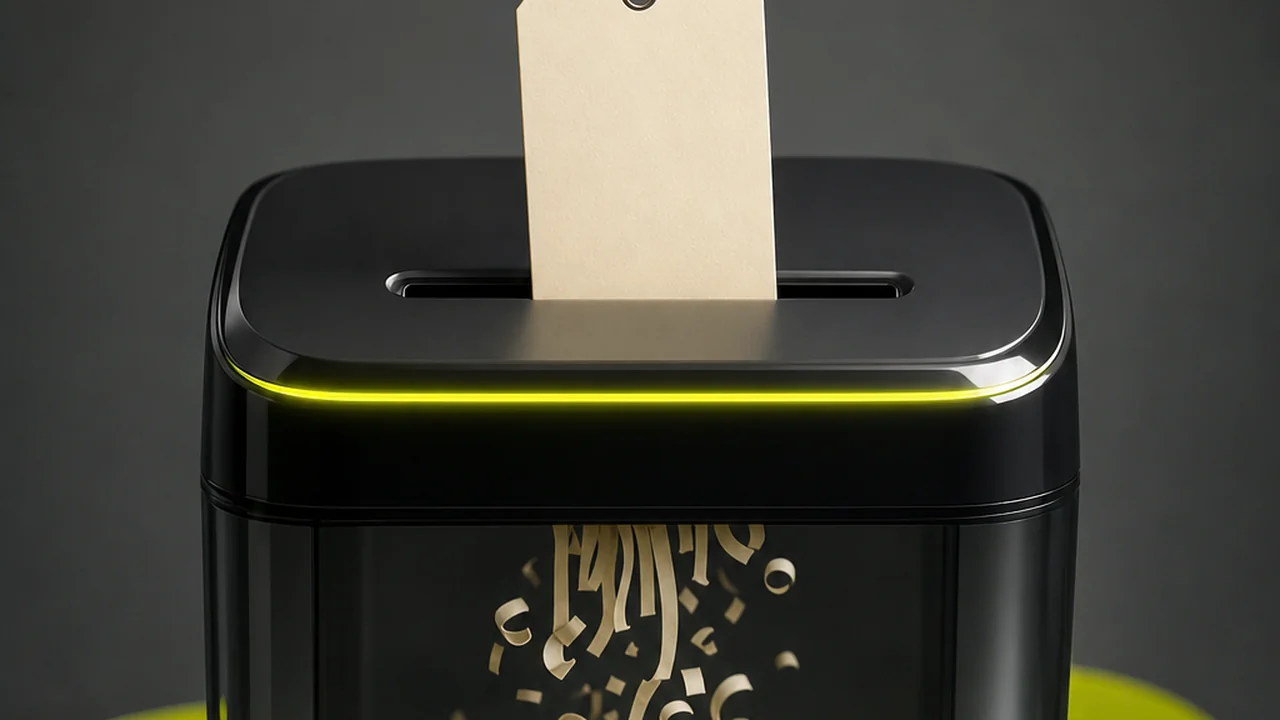 A small blank paper luggage tag feeding into the slot of a glossy desktop shredder with paper curls falling below, created with Pixazo AI