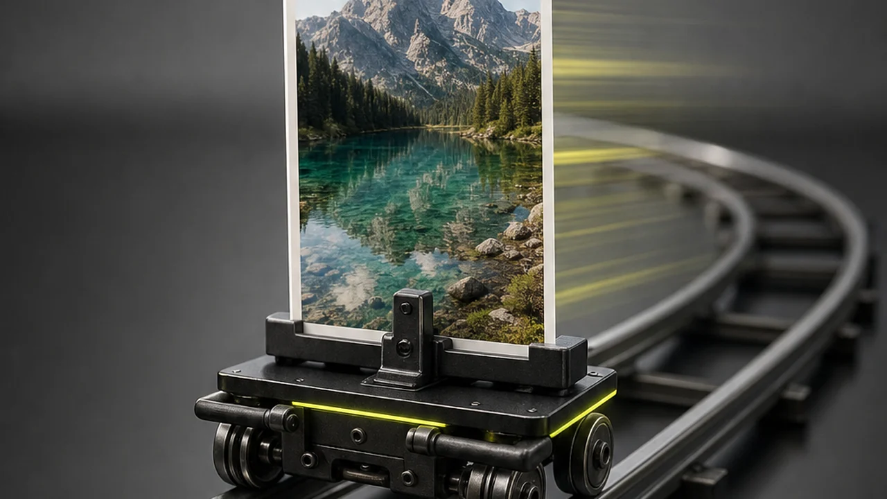 A miniature camera dolly carrying a framed photo card along a curved rail, created with Pixazo AI