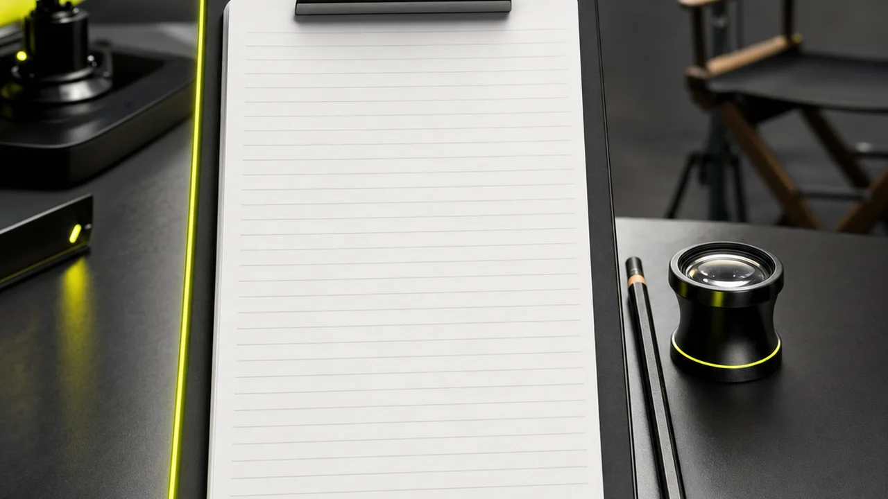 A clipboard of blank note pages beside a pencil and a loupe on a studio desk, created with Pixazo AI
