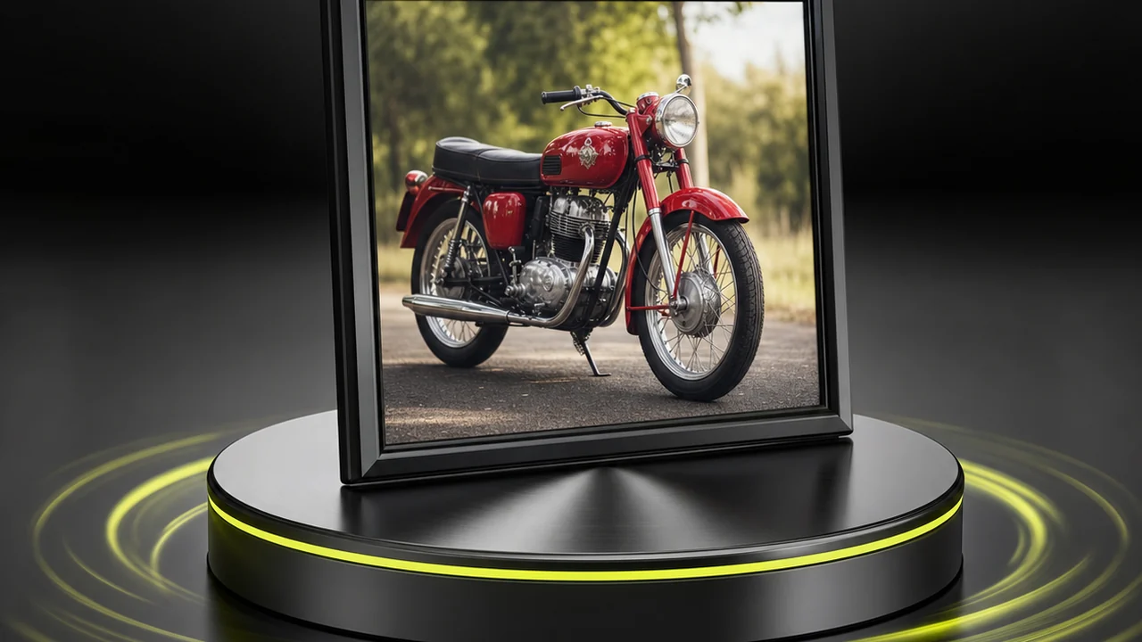 A framed picture rotating on a polished turntable pedestal with sweep-blur arcs, created with Pixazo AI
