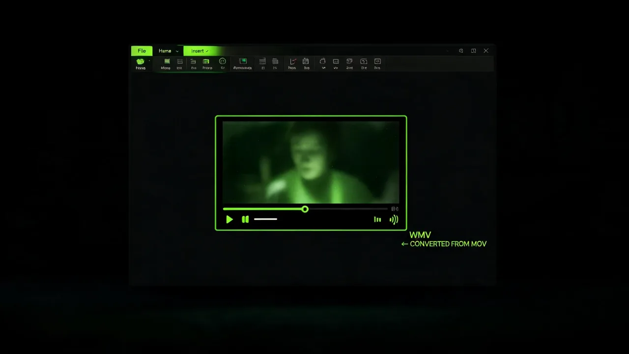 A converted WMV open in a Windows player, labelled as converted from MOV, created with Pixazo AI
