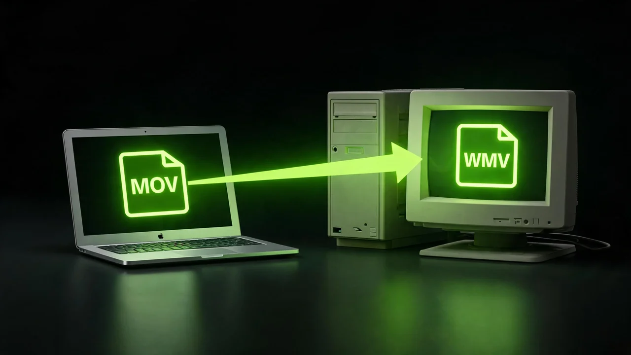 A MOV on a Mac laptop being sent across to a legacy Windows desktop as a WMV, created with Pixazo AI