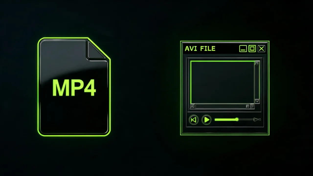 MP4 and AVI compared side by side, modern vs legacy, created with Pixazo AI