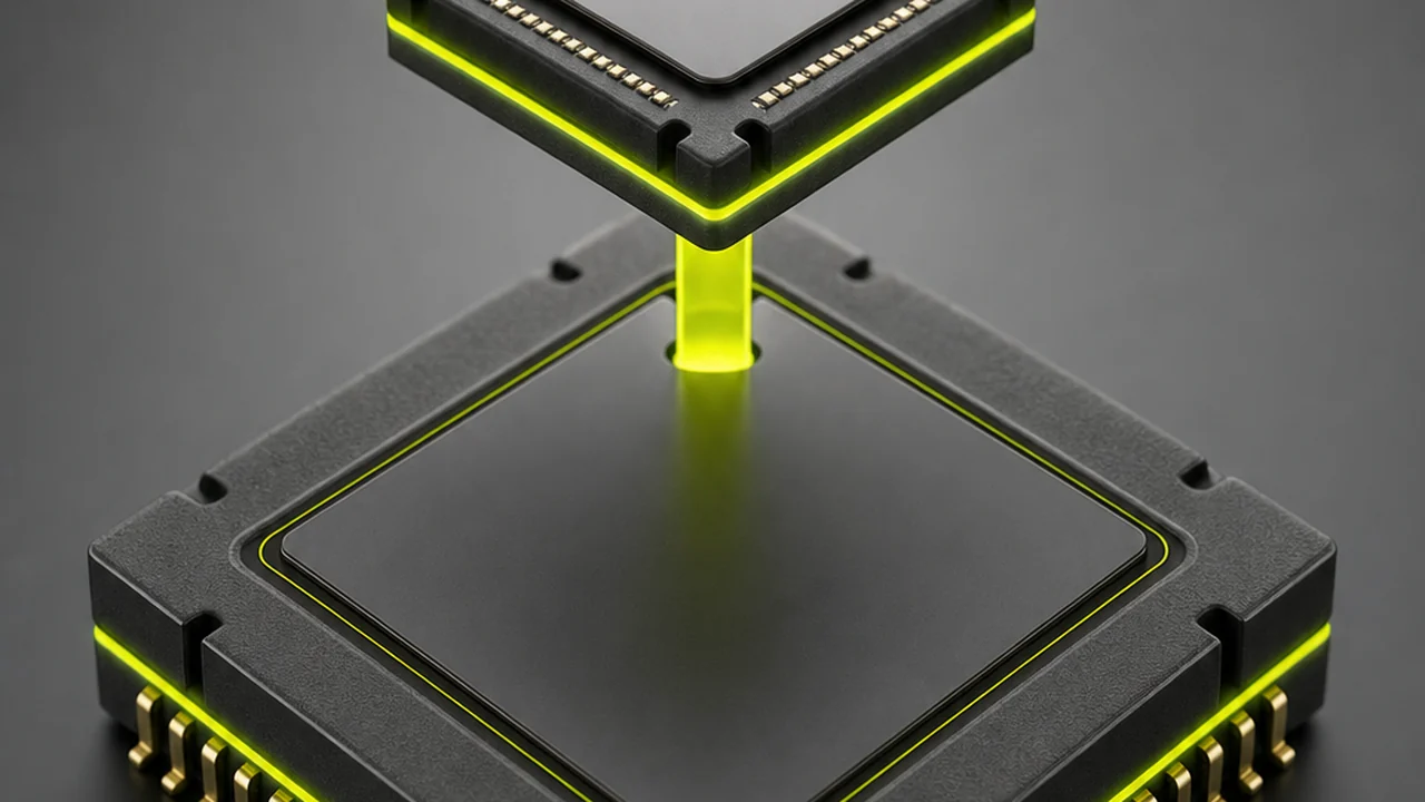Two stacked chip modules joined by a short glowing conduit like a family tree of related parts, created with Pixazo AI