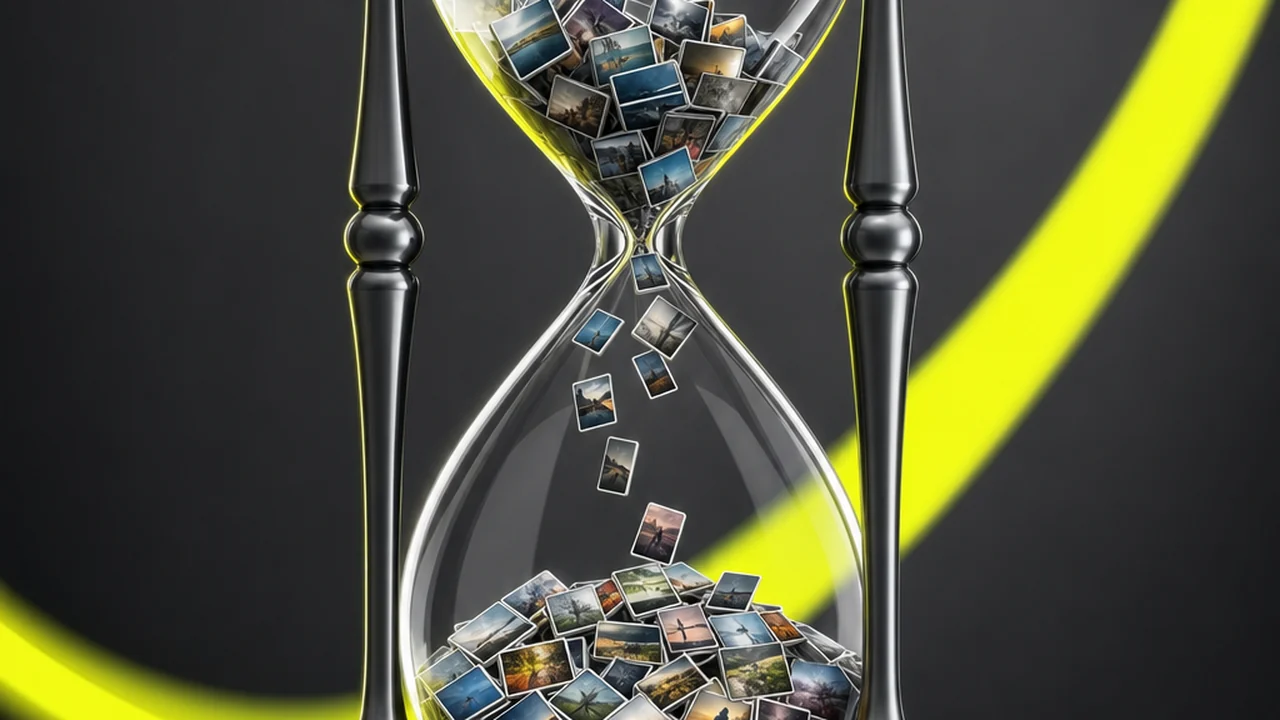 An hourglass whose falling grains are tiny square photo tiles instead of sand, created with Pixazo AI