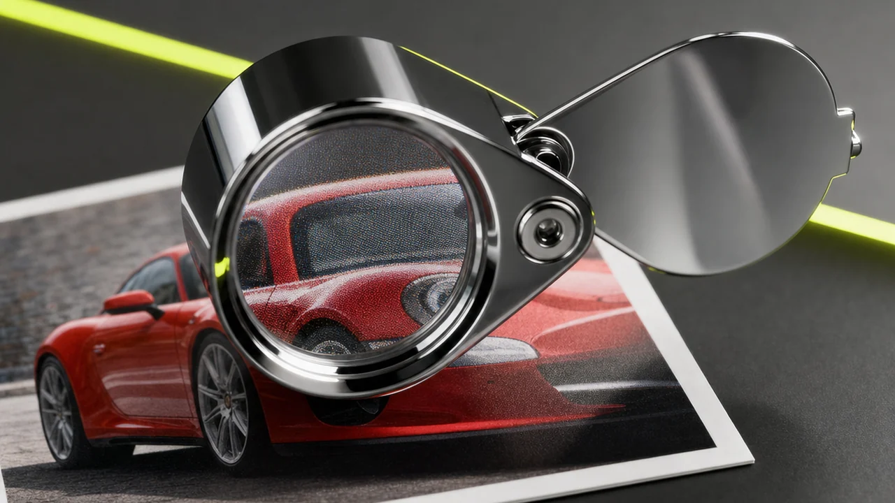 MP4 to AVIF conversion, a jeweller's loupe magnifying a printed still frame pulled from a video, created with Pixazo AI
