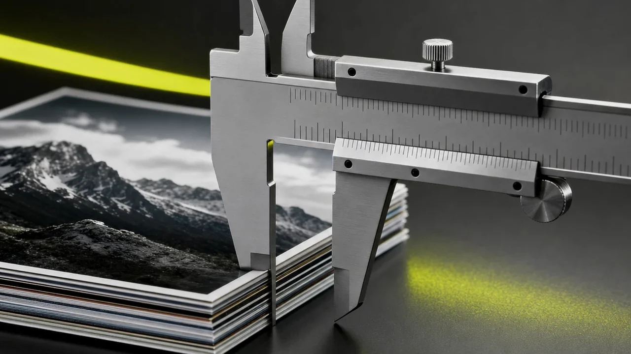 A precision vernier caliper measuring the thickness of a small stack of glossy photographic prints, created with Pixazo AI