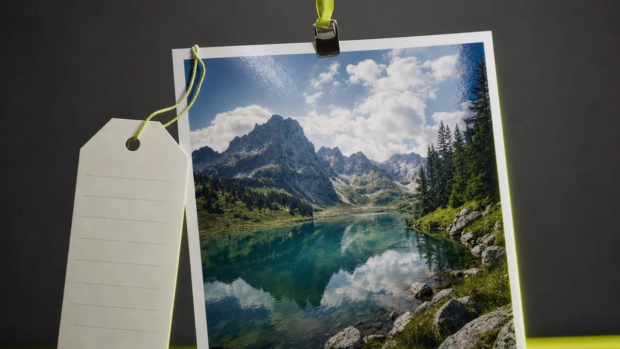 A blank ruled paper tag hanging on a thread beside one glossy square photo print. Created with Pixazo AI