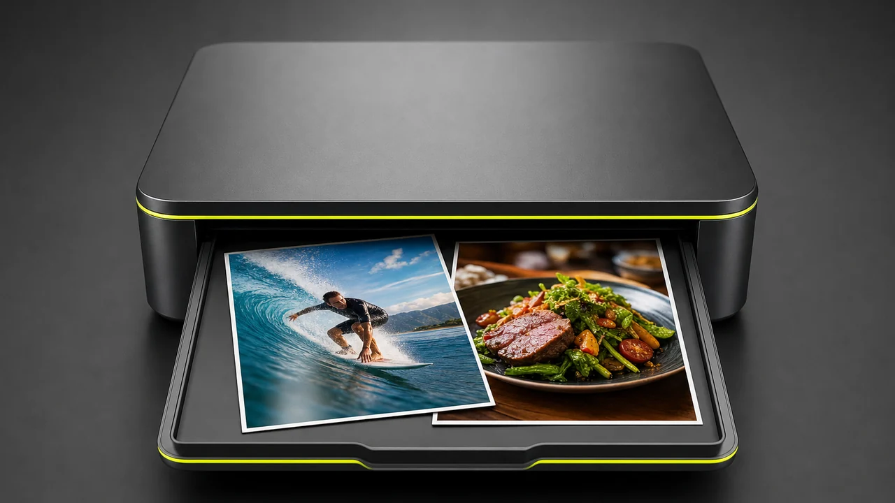 A polished output tray sliding open with two finished photo prints fanned inside. Created with Pixazo AI