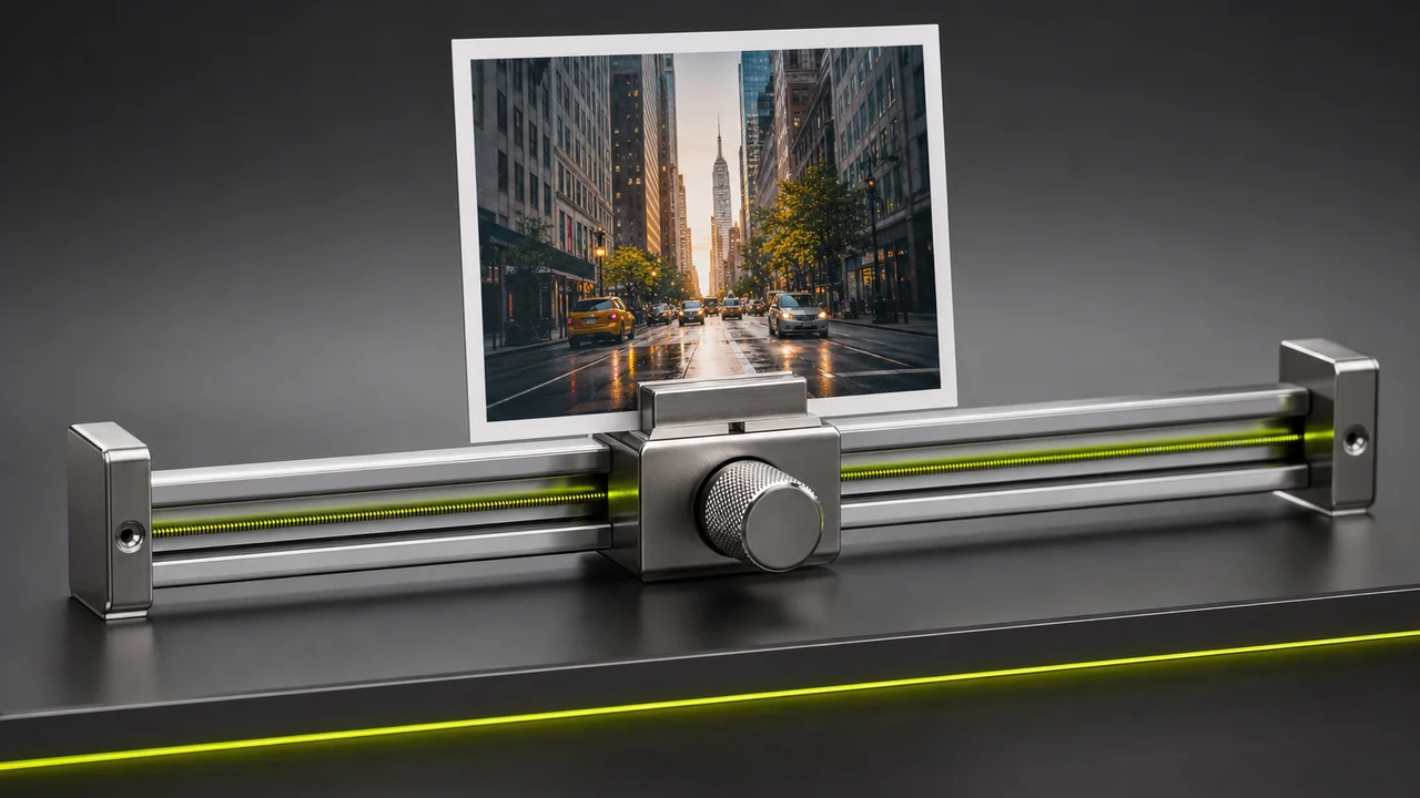 A metal slider rail with a thumb-wheel carriage carrying one clipped photo print. Created with Pixazo AI