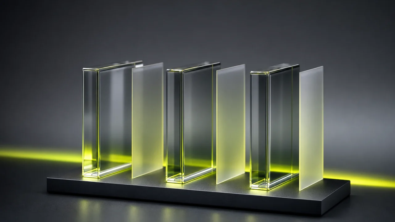 A row of upright glass slabs on a plinth, thick clear panels alternating with very thin frosted sheets, created with Pixazo AI