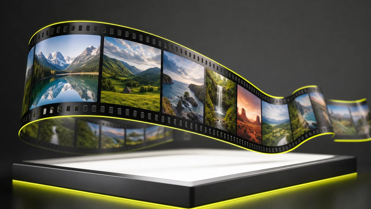MP4 to JPG conversion, a single frame lifted off a film strip on a light table, created with Pixazo AI