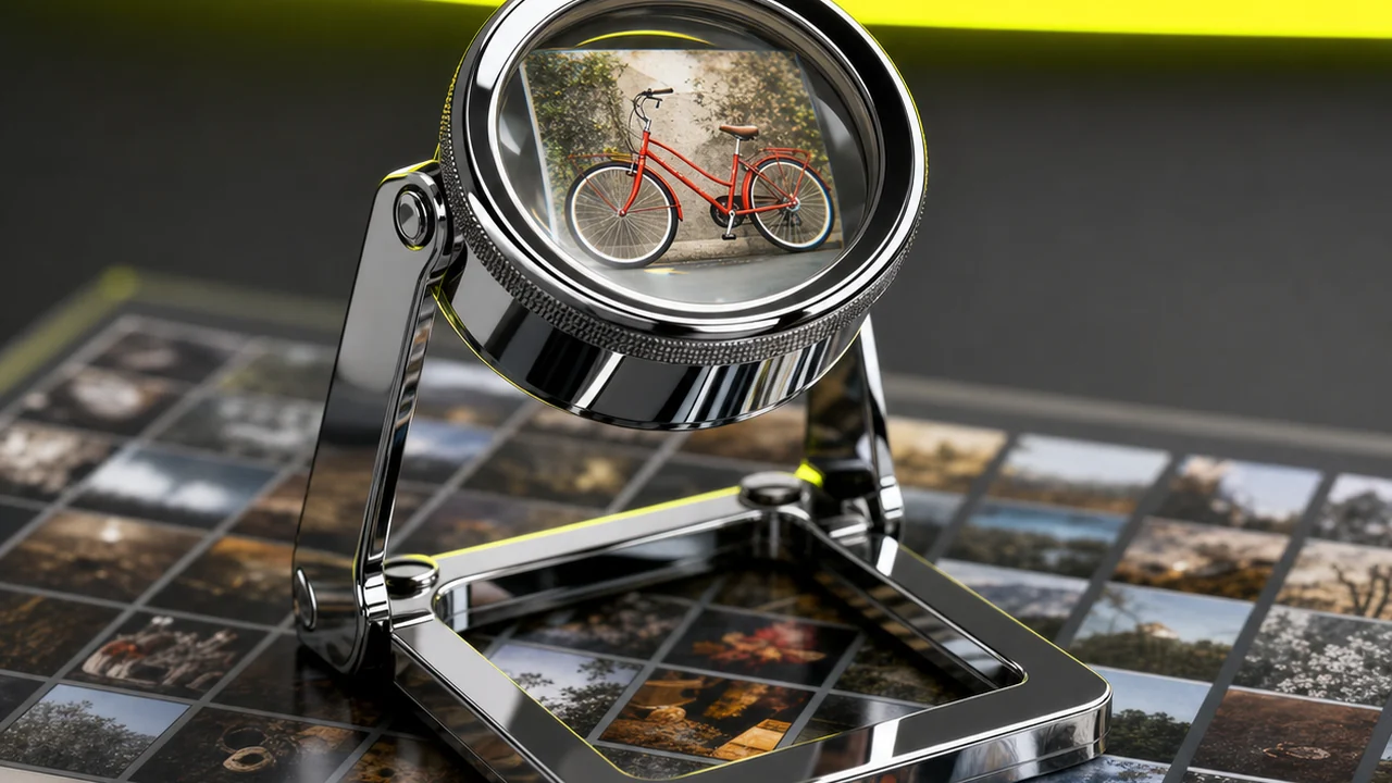 A polished chrome loupe magnifier standing on a sheet of tiny photographic tiles and magnifying one of them, created with Pixazo AI