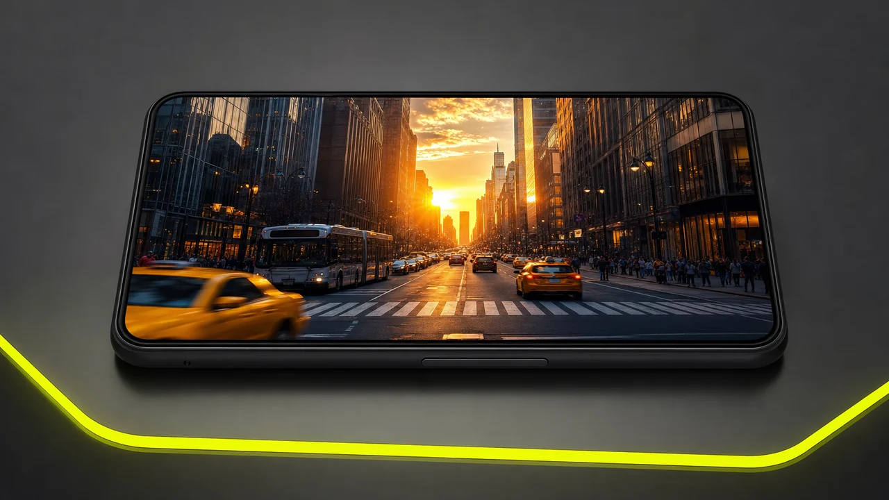 A matte black smartphone lying flat with its screen filled edge to edge by a photograph of a city street at golden hour, created with Pixazo AI
