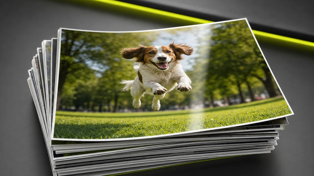 A neat stack of glossy printed photographs on a desk with the top print slightly askew showing a dog mid-leap, created with Pixazo AI