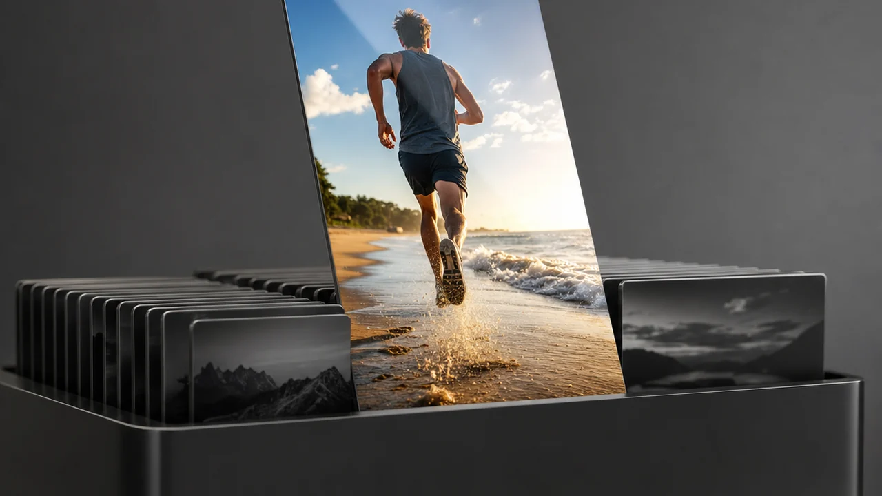 One glossy photographic print lifting out of a tight row of small dark thumbnail tiles, created with Pixazo AI