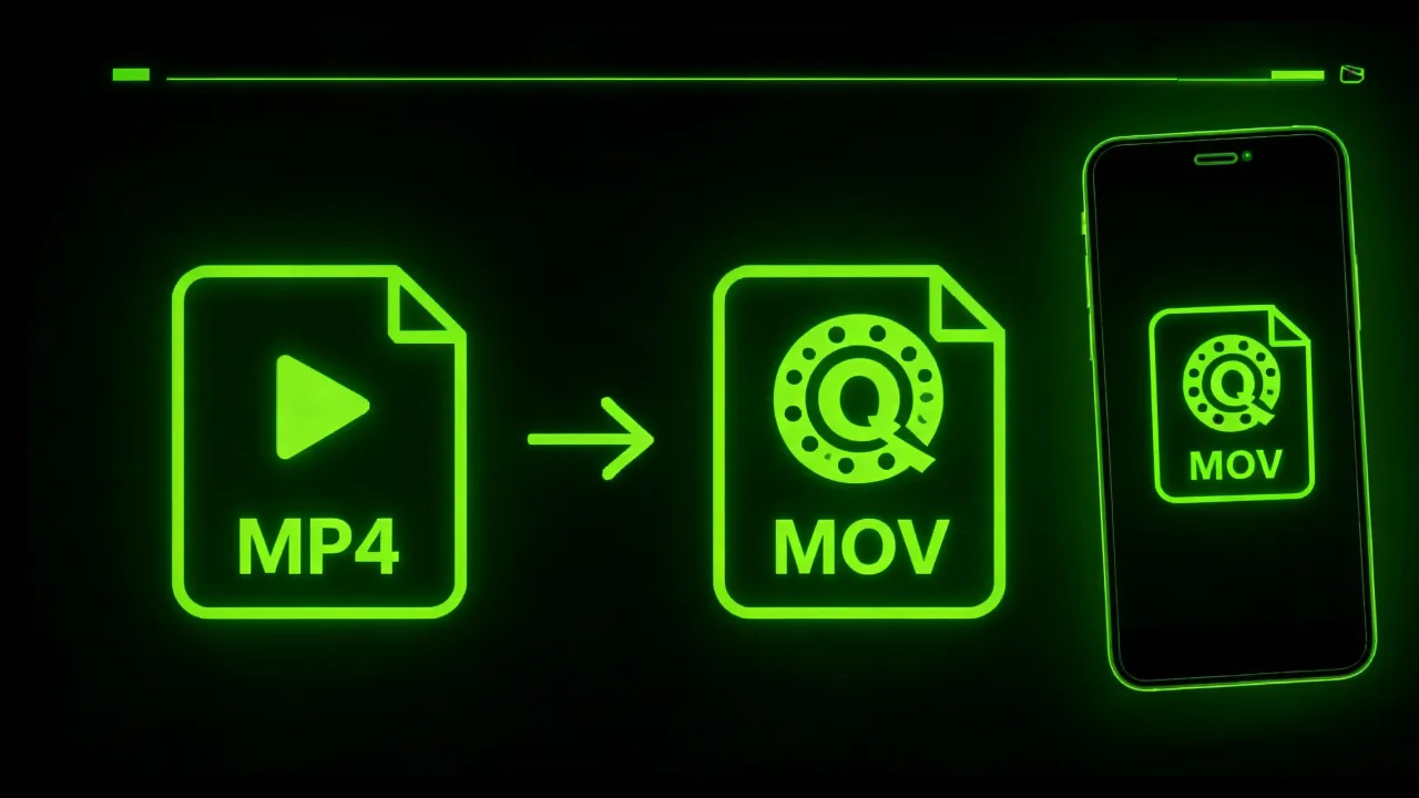 An MP4 being re-encoded into a MOV for a Mac editing workflow, created with Pixazo AI