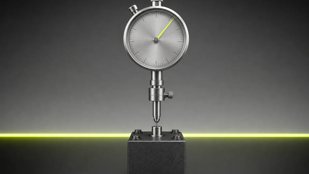 A brushed steel laboratory gauge with a glowing lime needle bolted to a graphite bench block, created with Pixazo AI