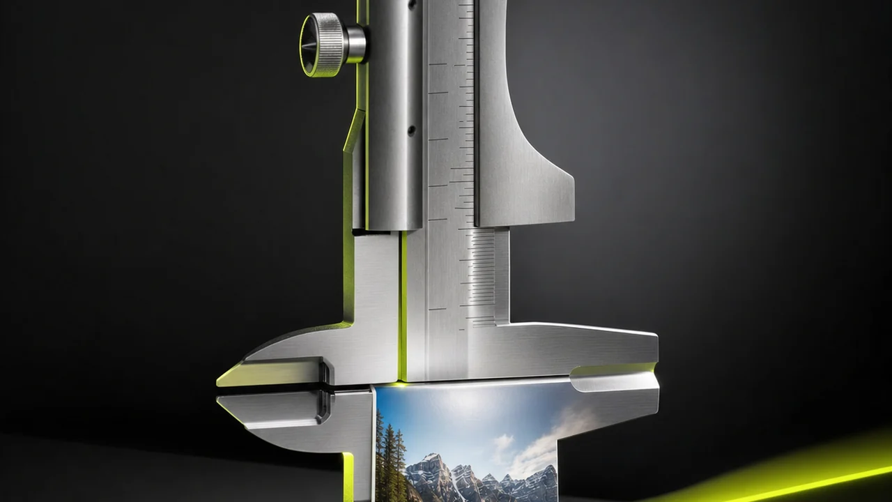 A steel vernier caliper measuring the edge of a small glossy photo print, created with Pixazo AI