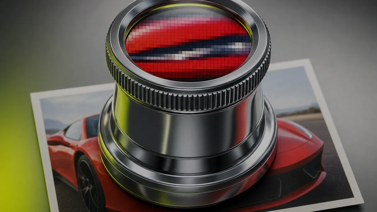A chrome loupe magnifying a printed photo into a visible grid of coloured pixels, created with Pixazo AI
