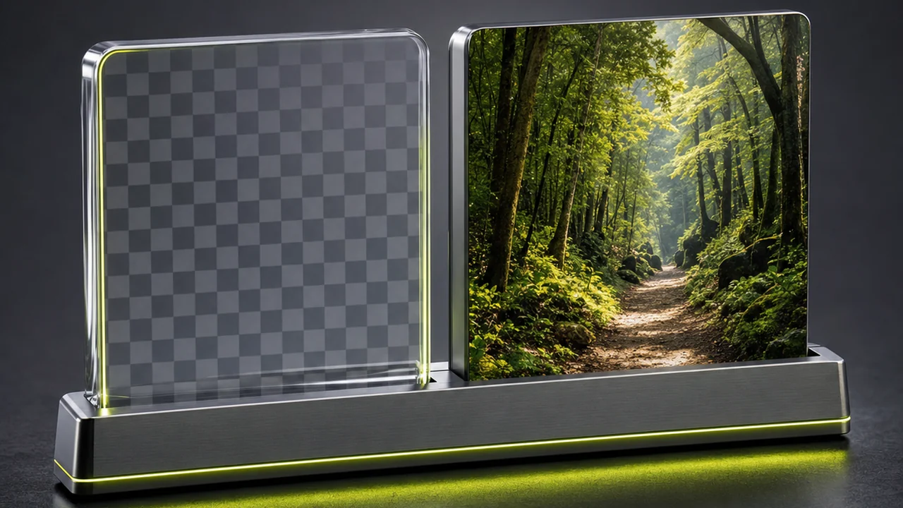 A clear checkerboard acrylic tile beside an opaque photographic tile in a metal bench stand, created with Pixazo AI