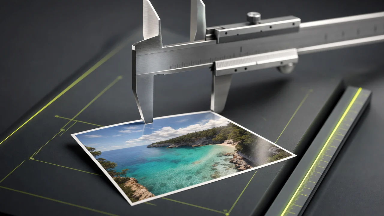 A polished steel vernier caliper measuring the edge of a small glossy printed photograph of an ocean bay, created with Pixazo AI