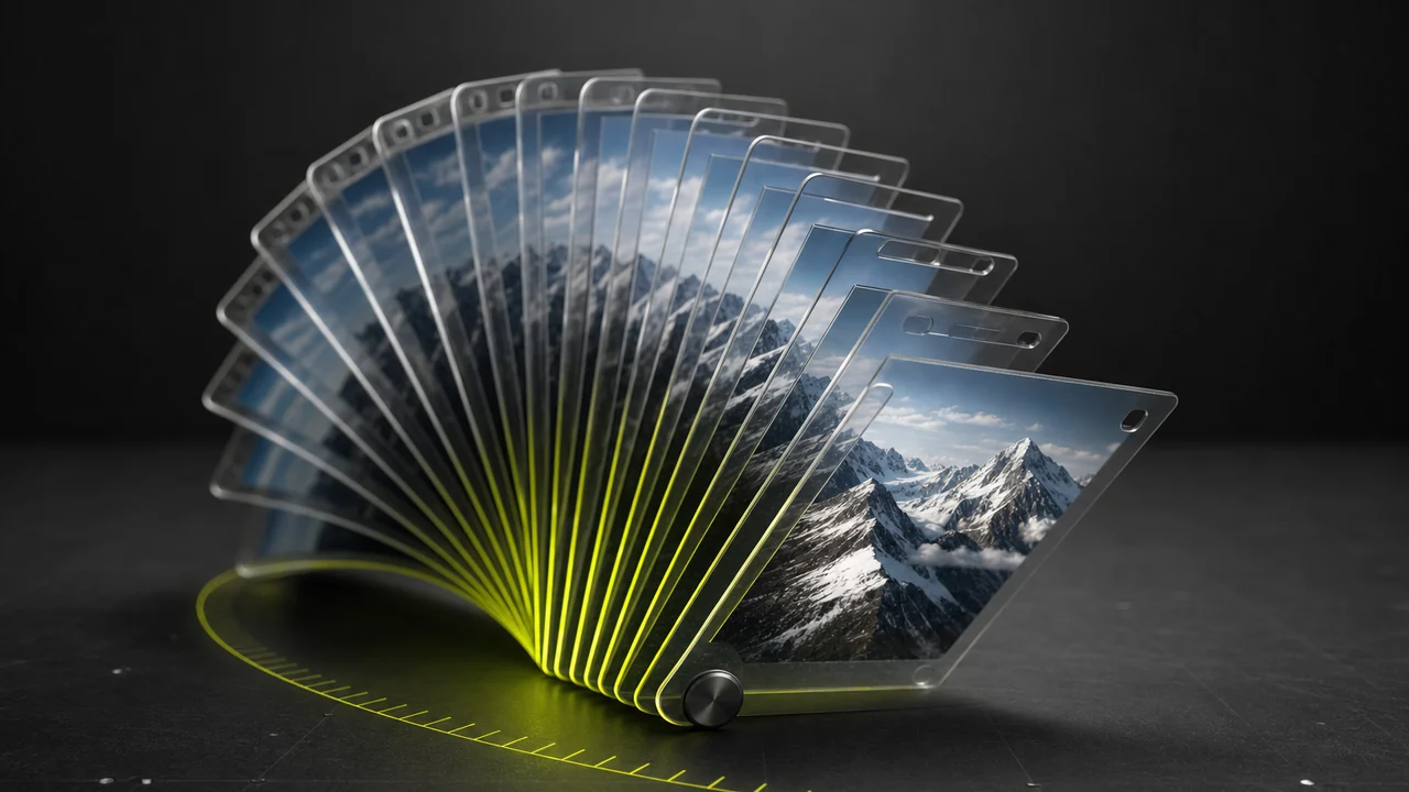A fanned deck of translucent film frames, each slab holding a small full-colour mountain photograph, created with Pixazo AI