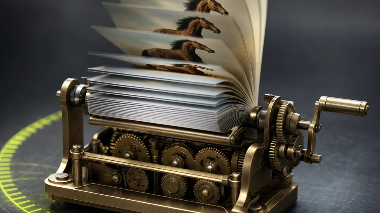 A small brass geared flipbook machine mid-flip, its leaves carrying full-colour photographic slivers of a running horse, created with Pixazo AI