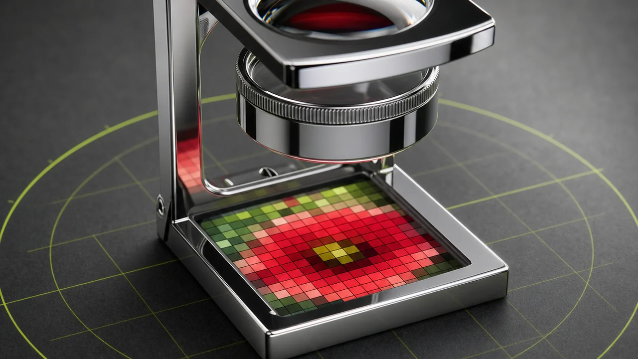 A chrome loupe magnifier standing over a tile of chunky square pixels showing a full-colour red flower, created with Pixazo AI