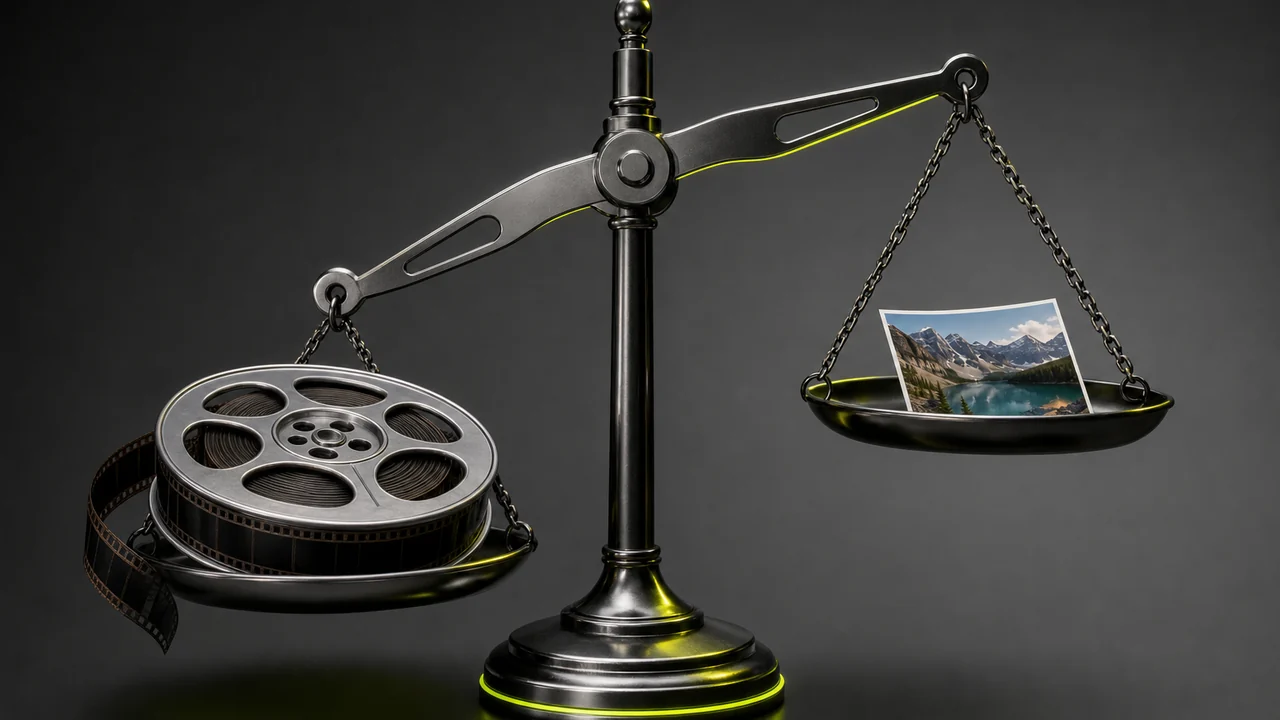 MP4 to WebP conversion, a still frame weighed against a lighter file on a balance scale, created with Pixazo AI