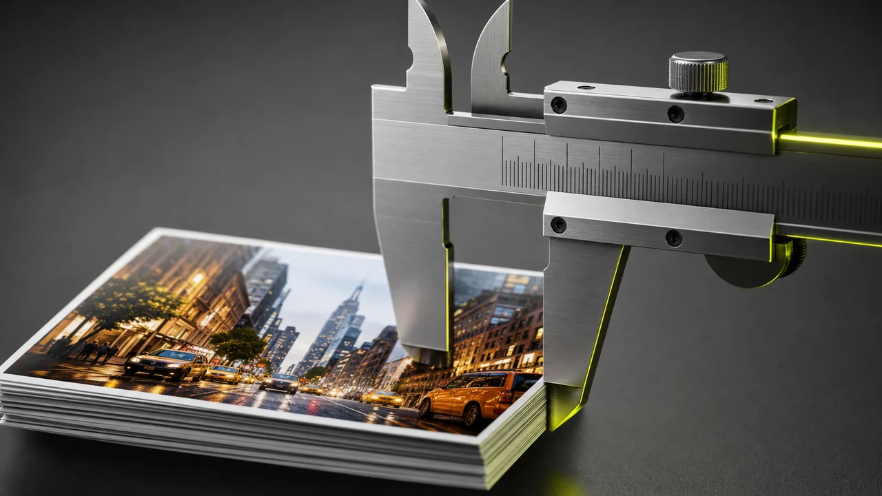 A precision caliper measuring the thickness of a small stack of printed photographs, created with Pixazo AI